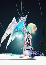  angel angel_wings asymmetrical_wings blonde_hair blue_eyes borrowed_character cassie_(acerailgun) commentary commission cyborg english_commentary feathered_wings female flower mechanical_arms mechanical_wings original petals photoshop_(medium) ravee_of_titans single_mechanical_arm sitting solo wings 