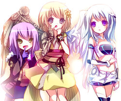  3girls alpha_(acerailgun) angel angel_wings asymmetrical_wings bare_shoulders blonde_hair blue_hair borrowed_character cassie_(acerailgun) cyborg detached_sleeves emi-liu feathered_wings flower fur_trim ghost green_eyes grey_eyes hair_flower hair_ornament highres isabelle_(acerailgun) japanese_clothes kimono mechanical_arms mechanical_wings multiple_girls navel open_mouth original photoshop_(medium) purple_eyes purple_hair scarf simple_background single_mechanical_arm striped_clothes striped_scarf thighhighs transparent white_background wings wrist_cuffs 