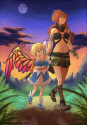  2girls ahoge angel angel_wings armband asymmetrical_wings bare_shoulders blonde_hair blue_eyes boots borrowed_character bracelet breasts brown_hair camouflage camouflage_shorts cape cape_tug cassie_(acerailgun) cloud commentary cyborg detached_sleeves dress english_commentary feathered_wings fingerless_gloves frilled_dress frills full_body full_moon gloves grass groin jewelry lolicon long_hair looking_at_another mechanical_arms mechanical_wings medium_breasts midriff moon multiple_girls navel nerior night night_sky original outdoors shoes shorts single_glove single_mechanical_arm sky spiked_bracelet spikes toeless_footwear walking watermark web_address winged_footwear wings 