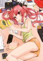  absurdres atari atari_lynx bad_link blush chips_(food) controller cthugha_(nyaruko-san) cthulhu female flat_chest food game_console game_controller gamepad haiyore!_nyaruko-san handheld_game_console highres koin_(foxmark) long_hair lying mouth_hold nintendo official_art on_side orange_shorts pc_fx playing_games potato_chips red_eyes red_hair sega sega_mega_drive shorts solo tank_top twintails very_long_hair virtual_boy 