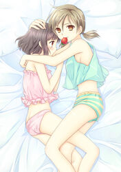  2girls ass bed_sheet breasts brown_eyes brown_hair camisole commentary_request food fruit hand_on_another&#039;s_head joshi_kousei leg_between_thighs lying medium_breasts mouth_hold multiple_girls on_side ooshima_towa panties photoshop_(medium) pillow short_hair shorts sideboob strawberry striped_clothes striped_shorts suzuki_momoka suzuki_yuma twintails underwear yuri 