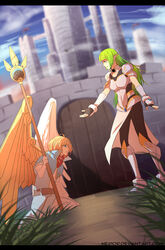  2girls ahoge angel angel_wings armor asymmetrical_wings blonde_hair blue_eyes borrowed_character breasts capelet cassie_(acerailgun) castle cloud cloudy_sky commentary cyborg dutch_angle english_commentary feathered_wings fingerless_gloves flat_chest gloves grass greaves green_hair highres letterboxed long_hair mechanical_wings multiple_girls nerior original outdoors outstretched_arm pauldrons pointy_ears polearm rynn_(acerailgun) shoulder_armor side_slit sitting sky spear vambraces wariza watermark weapon web_address wings yellow_eyes 