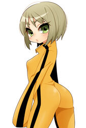  ass blonde_hair blush bodysuit bruce_lee&#039;s_jumpsuit commentary_request female green_eyes huang_baoling inuue_kiyu jumpsuit looking_back orange_bodysuit orange_jumpsuit photoshop_(medium) short_hair solo tiger_&amp;_bunny 