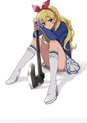  aikatsu! aikatsu!_(series) axe blonde_hair blood blood_on_weapon blood_stain breasts commentary female hair_ribbon hoshimiya_ichigo long_hair mebae panties planted planted_axe ribbon shadow sitting skirt solo underwear weapon 