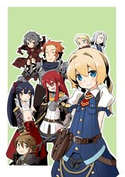  4boys 4girls :&gt; :&lt; ;d arm_guards armor arms_behind_back arthur_charles belt belt_pouch black_hair blonde_hair blue_eyes bow braid brown_eyes brown_hair bushidou_(sekaiju) bushidou_2_(sekaiju) cloak closed_eyes commentary_request cuffs curse_maker curse_maker_4 flat_chest frederica_irving french_braid glasses green_background grey_hair hairbow highlander_(sekaiju) japanese_clothes juliet_sleeves long_hair long_sleeves low_twintails midriff multiple_boys multiple_braids multiple_girls one_eye_closed open_mouth orange_eyes paladin_(sekaiju) paladin_3_(sekaiju) ponytail pouch puffy_short_sleeves puffy_sleeves raigou raquna_sheldon red_hair sarashi sekaiju_no_meikyuu shackles shin_sekaiju_no_meikyuu short_hair short_sleeves simon_yorke simple_background sitting_on_shoulder sleeveless smile twintails 