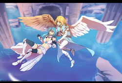  2girls ahoge alpha_(acerailgun) android angel angel_wings asymmetrical_wings blonde_hair blue_eyes blue_hair boots borrowed_character breasts capelet cassie_(acerailgun) commentary commission cyborg elbow_gloves english_commentary feathered_wings flying full_body gloves high_heel_boots high_heels letterboxed long_hair mechanical_wings medium_breasts midriff multiple_girls nerior original pillar pink_eyes ruins thighhighs water watermark web_address wings 