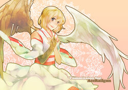  angel angel_wings asymmetrical_wings blonde_hair borrowed_character breasts cassie_(acerailgun) commentary commission cyborg english_commentary feathered_wings female grey_eyes hands_on_own_chest japanese_clothes kimono mechanical_arms mechanical_wings original photoshop_(medium) ravee_of_titans single_mechanical_arm small_breasts smile solo wings 