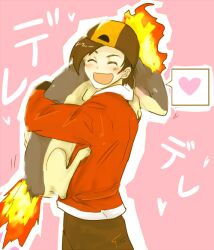  1boy affectionate backwards_hat bad_id bad_pixiv_id baseball_cap blush closed_eyes ethan_(pokemon) fiery_tail fire hat heart hug jingo_kajiki male_focus pink_background pokemon pokemon_(creature) pokemon_hgss quilava smile tail 