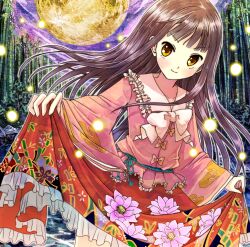  arms_at_sides bamboo bamboo_forest bamboo_print black_hair blush bow bowtie cloud_print commentary_request embellished_costume female fireflies flower forest frilled_shirt frilled_shirt_collar frilled_skirt frills full_moon highres houraisan_kaguya long_hair long_skirt long_sleeves looking_at_viewer lotus lotus_pod moon nature night okemai orange_bow outline photoshop_(medium) pink_flower pink_shirt red_skirt shirt skirt skirt_basket skirt_hold smirk solo tassel touhou white_bow white_bowtie white_outline wide_sleeves yellow_eyes 