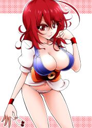  ahoge alternate_hairstyle bad_id bad_pixiv_id breasts cleavage female hair_bobbles hair_down hair_ornament large_breasts long_hair mattari_yufi navel no_pants onozuka_komachi panties red_eyes red_hair smile solo touhou underwear 