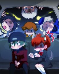  5boys ^^^ against_window amada_ken animal_ears aragaki_shinjirou beanie black_hair black_headwear black_skirt blue_headwear blue_jacket blush bow bowtie brown_hair buttons car car_interior chiizu_ochaduke claw_pose closed_mouth coat commentary_request crying double-breasted fangs female gekkoukan_high_school_uniform green_eyes green_hair grey_hair hair_ornament hat jacket jealous kneehighs long_sleeves mochizuki_ryouji motor_vehicle multiple_boys nose_blush open_mouth persona persona_3 persona_3_portable pleated_skirt red_bow red_bowtie red_coat red_hair sanada_akihiko scarf school_uniform shaded_face shiomi_kotone sitting skirt socks streaming_tears suspenders sweatdrop tail tears theodore_(persona) trench_coat white_legwear wolf_ears wolf_tail x_hair_ornament yellow_scarf 