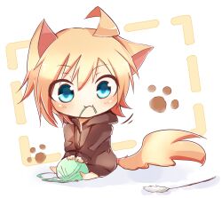  :3 ahoge animal_ears blonde_hair blue_eyes cat_teaser chibi commentary_request female highres hood hood_down hoodie mouth_hold original paw_print sitting solo tail tosura-ayato yarn yarn_ball 