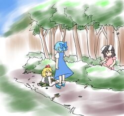  3girls animal_ears blonde_hair blue_hair bow cirno commentary_request dress eye_contact hairbow hihachi inaba_tewi looking_at_another multiple_girls pitfall rabbit_ears rumia short_hair touhou umbrakinesis 