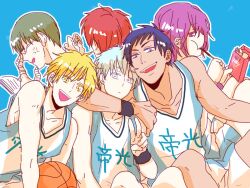  6+boys akashi_seijuurou aomine_daiki ball bandages basketball basketball_(object) blonde_hair blue_background blue_eyes blue_hair board_game book clothes_writing commentary_request dark-skinned_male dark_skin eating food glasses green_eyes green_hair hnbs kise_ryouta kuroko_no_basuke kuroko_tetsuya male_focus midorima_shintarou multiple_boys murasakibara_atsushi open_mouth pocky purple_eyes purple_hair red_hair shogi short_hair shorts sitting sportswear v yellow_eyes 