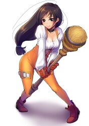  ankle_boots black_hair blouse blue_eyes blush bodysuit boots breasts buckle choker cleavage collarbone commentary_request corset female final_fantasy final_fantasy_ix full_body garnet_til_alexandros_xvii gloves high_heel_boots high_heels holding holding_wand holding_weapon leaning_forward light_smile long_hair long_sleeves looking_at_viewer low-tied_long_hair medium_breasts mondi_hl orange_bodysuit photoshop_(medium) pigeon-toed puffy_long_sleeves puffy_sleeves red_footwear red_gloves ribbon shadow shirt simple_background smile solo staff standing thigh_strap unitard very_long_hair wand weapon white_background 