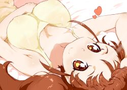  apron bare_shoulders breasts brown_eyes brown_hair cleavage commentary_request female from_above heart large_breasts long_hair looking_at_viewer lying naked_apron on_back on_bed randou sidelocks smile solo taneshima_popura working!! yellow_apron 