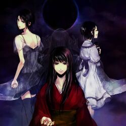  4girls aged_down asou_misaki back bad_id bad_pixiv_id black_eyes black_hair black_legwear blush brown_eyes doll dress eclipse fatal_frame fatal_frame_4 ghost haibara_sakuya happy japanese_clothes kimono koko_(oyasuminasai) long_hair miya_(fatal_frame) moon multiple_girls multiple_persona obi open_mouth sash short_dress smile solar_eclipse tears thighhighs time_paradox 