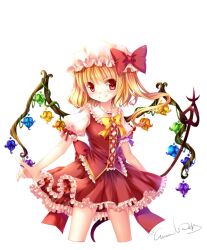  adapted_costume alternate_wings artist_name blonde_hair commentary_request cowboy_shot cropped_legs dress female flandre_scarlet grandia_bing hat oerba_yun_fang photoshop_(medium) red_eyes side_ponytail smile solo touhou white_background wings 