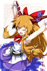  ;d armpits arms_up bow brown_hair commentary_request female hairbow hong_(white_spider) horns ibuki_suika long_hair oerba_yun_fang one_eye_closed open_mouth photoshop_(medium) skirt smile solo touhou wrist_cuffs yellow_eyes 