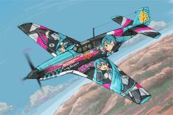  aircraft airplane cloud commentary_request detached_sleeves goodsmile_company goodsmile_racing hatsune_miku itasha military necktie no_humans one_eye_closed p-51_mustang photoshop_(medium) race_vehicle racing sakusa_kuruku sky spring_onion thighhighs twintails vehicle_focus vocaloid zettai_ryouiki 