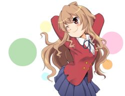  aisaka_taiga black_ribbon blazer blue_skirt brown_eyes brown_hair buttons commentary_request double-breasted female jacket kawamura_river long_hair neck_ribbon one_eye_closed oohashi_high_school_uniform pleated_skirt red_jacket ribbon school_uniform skirt smile solo toradora! 