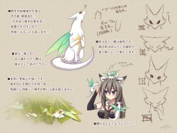  ? ^_^ angry animal animal_ears animal_on_head arrow_(symbol) blue_eyes brown_hair closed_eyes commentary_request creature detached_sleeves dragon ears_down ears_up eating fairy_dragon fairy_wings female food green_wings grey_background head_tilt holding holding_food konshin leaf licking_paw looking_up multiple_wings on_head pixiv_fantasia pixiv_fantasia_sword_regalia reference_sheet simple_background spoken_question_mark tail translation_request tsurime white_fur wings 