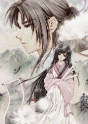  1boy absurdres bad_id bad_pixiv_id beads black_eyes black_hair chinese_clothes female flower hanfu highres jewelry long_hair lotus mamusya mountain muted_color o-ring original painting_(object) photoshop_(medium) ponytail scroll tassel yaopei 