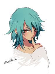  1boy aqua_hair bad_id bad_pixiv_id character_name inazuma_eleven_(series) inazuma_eleven_go kariya_masaki male_focus mataro_(matarou) orange_eyes simple_background solo upper_body white_background 