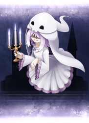  bad_id bad_pixiv_id candle dress female ghost grin hair_over_eyes mtyy original photoshop_(medium) purple_hair smile solo 