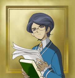  1boy autor_(princess_tutu) blue_hair book commentary_request glasses male_focus md5_mismatch obsidian_order princess_tutu resolution_mismatch school_uniform sheet_music solo source_larger squinting 