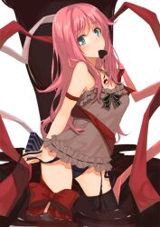  arm_strap arms_behind_back billion_(billion0103) black_thighhighs blue_eyes blue_panties candy chocolate commentary female food frills heart heart-shaped_chocolate long_hair mouth_hold original panties pink_hair red_ribbon ribbon side-tie_panties solo thighhighs underwear untied 