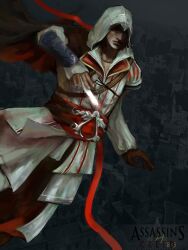  1boy assassin&#039;s_creed_(series) cape commentary_request copyright_name dagger ezio_auditore_da_firenze haiwu_kehai hood knife male_focus manly signature solo vambraces weapon 