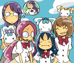  4girls bad_id bad_pixiv_id blue_hair bow brown_hair chypre_(heartcatch_precure!) cloud coffret_(heartcatch_precure!) glasses hanasaki_tsubomi heartcatch_precure! kurumi_erika long_hair multiple_girls myoudou_gakuen_high_school_uniform myoudou_gakuen_middle_school_uniform myoudouin_itsuki pink_bow pink_hair piyokinoko potpourri_(heartcatch_precure!) precure purple_hair ribbon school_uniform short_hair tsukikage_yuri twintails 