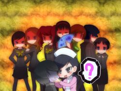  1boy 6+girls ? amagi_yukiko angry black_hair black_serafuku black_skirt blush brown_hair cabbie_hat caught chiizu_ochaduke commentary_request crossed_arms ebihara_ai green_jacket hand_fan hands_on_another&#039;s_cheeks hands_on_another&#039;s_face hands_on_own_hips hat holding holding_fan jacket kujikawa_rise long_sleeves matsunaga_ayane mole mole_under_mouth multiple_girls narukami_yuu neckerchief nurse nurse_cap open_mouth ozawa_yumi pantyhose persona persona_4 satonaka_chie school_uniform serafuku shaded_face shirogane_naoto short_hair skirt spoken_question_mark trembling turn_pale two_side_up uehara_sayoko wavy_mouth yasogami_school_uniform yellow_neckerchief you_gonna_get_raped 