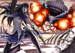  akemi_homura akemi_homura_(magical_girl) battle black_hair black_pantyhose blue_eyes commentary_request explosion female gun h&amp;k_mp7 heckler_&amp;_koch long_hair lotz mahou_shoujo_madoka_magica mahou_shoujo_madoka_magica_(anime) on_one_knee pantyhose submachine_gun trigger_discipline walpurgisnacht_(madoka_magica) weapon 