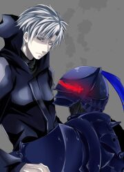  2boys armor berserker_(fate/zero) black_armor black_eyes commentary_request expressionless fate/zero fate_(series) fu_yukari full_armor grey_background grey_hair half-closed_eyes helmet heterochromia hood hoodie knight lifting_person looking_at_viewer male_focus matou_kariya multiple_boys partially_blind plate_armor plume simple_background white_eyes 