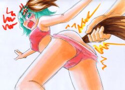  anger_vein animal_ears ass blush bra commentary_request female green_eyes green_hair kasodani_kyouko kawachi_koorogi lingerie marker_(medium) oerba_yun_fang open_mouth panties panty_pull pink_bra pink_panties short_hair solo tail tail_grab tail_pull touhou traditional_media underwear underwear_only 