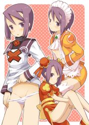  b.tarou bad_id bad_pixiv_id brown_eyes brown_hair cosplay double_bun female groin hair_bun hands_under_legs looking_at_viewer maid_headdress meimei_(summon_night) meimei_(summon_night)_(cosplay) multiple_views orange_shirt paffel paffel_(cosplay) panties panty_pull photoshop_(medium) polka_dot polka_dot_background shirt summon_night summon_night_2 toris underwear white_panties 