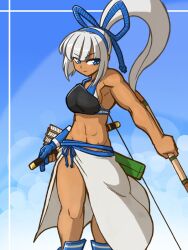  abs archery armpits blue_eyes bow_(weapon) breasts commentary_request dark-skinned_female dark_skin female gloves hair_ribbon hairband kyuudou long_hair majikina_mina medium_breasts muneate nigtouab ponytail ribbon samurai_spirits sarong short_sword sideboob single_glove snk solo sword toned weapon white_hair white_sarong 