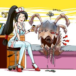  akali black_hair chair commentary_request female hat kog&#039;maw korean_commentary league_of_legends long_hair nurse nurse_cap open_mouth ponytail ranger_squirrel thighhighs white_legwear 