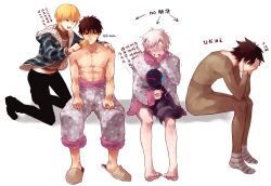  anger_vein animalization barefoot black_hair blonde_hair bodysuit brown_eyes brown_hair chinese command_spell corndog covering_face emiya_kiritsugu fate/zero fate_(series) feline gilgamesh helmet kotomine_kirei leotard male_focus matou_kariya mayer multiple_boys pajamas red_eyes shirtless slippers translated white_background 