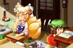  2girls analog_clock animal_ears apron blonde_hair bontoro book brown_eyes brown_hair calendar_(object) cat_ears cat_tail chen clock closed_eyes commentary_request cooking cutting_board fox_tail hat indoors kitchen kitchen_knife knife lolicon mob_cap multiple_girls multiple_tails nekomata page-a-day_calendar pendulum_clock recipe_(object) santoku_knife shirt sink skirt skirt_set tail tea_set touhou wall_clock yakumo_ran 