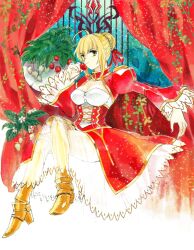  ahoge bad_id bad_pixiv_id blonde_hair breasts cleavage command_spell crossed_legs dress epaulettes fate/extra fate_(series) female fon-due_(fonfon) food fruit green_eyes hair_ribbon large_breasts legs nero_claudius_(fate) nero_claudius_(fate/extra) photoshop_(medium) ribbon see-through sitting solo strawberry thighs 