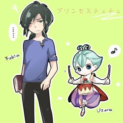  ... 1boy antenna_hair blush_stickers book c_(tactics0302) character_name commentary_request copyright_name drum drumsticks fakir_(princess_tutu) female green_eyes green_hair instrument musical_note one_eye_closed princess_tutu squiggle uzura_(princess_tutu) 