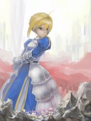  ahoge armor armored_dress artoria_pendragon_(fate) blonde_hair commentary_request dress fate/stay_night fate_(series) female flower gauntlets green_eyes hair_ribbon invisible_air_(fate) juliet_sleeves long_sleeves masuchi puffy_sleeves ribbon saber_(fate) solo sword weapon 