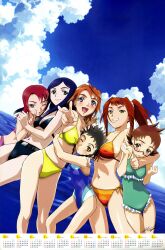  6+girls :/ :d ;o absurdres ahoge arm_around_neck belt between_breasts bikini black_hair blue_eyes blue_hair blush braid breast_press breasts brown_hair calendar_(medium) casual_one-piece_swimsuit clenched_hands clenched_teeth cloud competition_swimsuit covered_nipples day dutch_angle embarrassed everyone flat_chest foreshortening frilled_one-piece_swimsuit frills front-tie_top girl_sandwich glasses gradient green_eyes grin hand_on_head hand_on_shoulder highres hisayuki_hirokazu hug kikukawa_yukino kuga_natsuki large_breasts leaning_forward lineup long_hair looking_at_viewer minagi_mikoto multiple_girls my-hime naughty_face navel ocean official_art one-piece_swimsuit one_eye_closed open_mouth orange_hair outdoors outstretched_arm parted_bangs pointing ponytail pose red-framed_eyewear red_hair sandwiched scrunchie shiny_skin short_hair side-tie_bikini_bottom sideboob skindentation sky smile spiked_hair standing string_bikini striped_bikini striped_clothes sugiura_midori swimsuit teeth thigh_gap tokiha_mai twin_braids underboob untying v water wince yellow_eyes yuuki_nao 