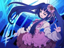  blue_eyes blue_hair bow commentary_request cross-laced_clothes cross-laced_skirt dawn_of_the_golden_witch dutch_angle female flower frilled_skirt frills furudo_erika hair_flower hair_ornament high-waist_skirt holding holding_scythe long_hair niso pink_bow scythe skirt solo twintails umineko_no_naku_koro_ni 