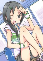  ;d aoki_kei black_eyes black_hair bottle commentary_request female hair_ornament hairclip idolmaster idolmaster_cinderella_girls long_hair one_eye_closed open_mouth panties pantyshot ponytail shirt shorts sitting slim_legs smile solo striped_clothes striped_panties t-shirt trainer_(idolmaster) ueshita underwear water_bottle wristband 