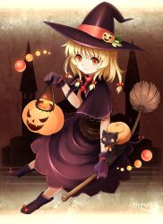  bad_id bad_pixiv_id blonde_hair broom dress feline female gloves hair_ribbon hat jack-o&#039;-lantern mtyy orange_eyes original photoshop_(medium) ribbon smile witch witch_hat 