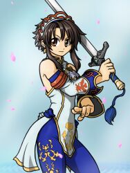  bare_shoulders brown_eyes brown_hair capri_pants chai_xianghua chinese_clothes commentary_request detached_sleeves earrings female fighting_stance headdress jewelry nigtouab pants sidelocks solo soulcalibur soulcalibur_ii sword tassel weapon 